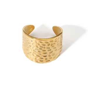 Adjustable golden stainless steel open ring with a unique hammered texture on top