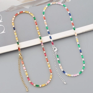 Gold and silver necklaces with colorful square zircon stones and adjustable chains