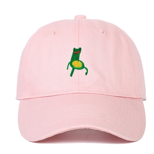 Pink cotton baseball cap featuring creative green frog embroidery with a curved brim design
