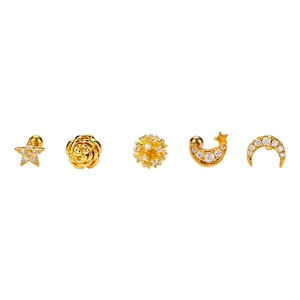 Lot de 5 boucles d'oreilles en acier inoxydable doré avec motifs étoile et lune
