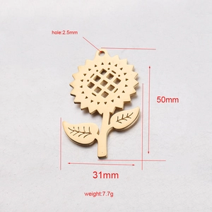 Golden stainless steel sunflower pendant 31x50mm with precise dimensions and weight