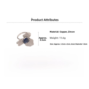 Spécifications de la bague fleur avec zircon bleu et mesures des matériaux en cuivre