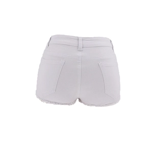 Detail view of white denim shorts featuring slim fit cut and frayed tassel hem from the back