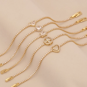 Elegant 18K Gold Plated Copper Tennis Bracelet For Women With Cubic Zirconia Heart Flower Charms Versatile