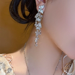 Elegant silver butterfly tassel earrings with sparkling rhinestones worn by a model