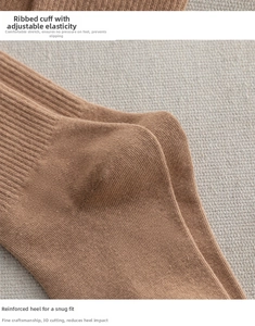 Detailed close-up of coffee brown ribbed socks showing elastic cuff and reinforced heel