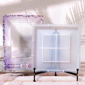 Detailed view of DIY resin photo frame silicone mold with purple pearl finished piece