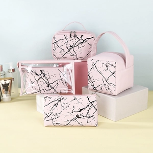 Pink marble pattern 4-piece makeup bag set with portable travel vanity organizers