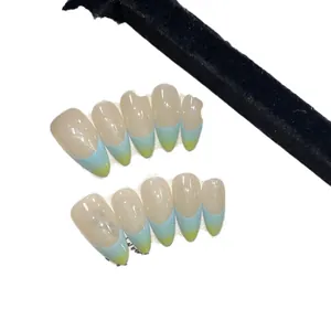 Blue-green ombré French almond press-on nails with multi-color gradient tips 10pcs set