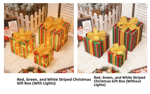 Detail of LED Christmas gift boxes showing lighted and unlighted effects in festive setting