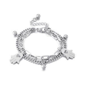 Double-layered silver stainless steel chain bracelet with Hamsa hand and bead charms