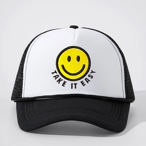 Classic black and white trucker hat with embroidered yellow smiley and Take It Easy text