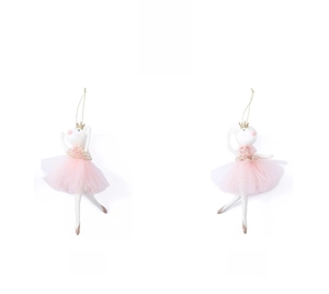 Detail of Style A and B ballet mouse ornaments with mesh skirts and gold crowns