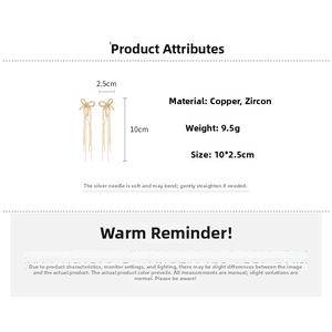 Detailed size chart for gold bowknot tassel earrings with copper and zircon stones
