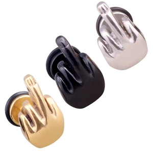 Detailed view of middle finger gesture studs in gold, black and silver stainless steel