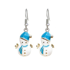 Detailed view of snowman Christmas earrings with white and blue enamel and gold finish