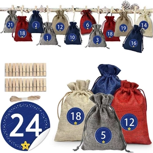 Christmas advent calendar set with 24 linen drawstring bags, wooden clips, and rope