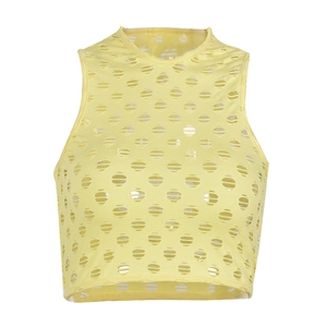Close-up of bright yellow crop top with geometric laser-cut hollow details