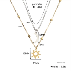 Detail size chart showing double layer stainless steel sun and moon pendant necklace
