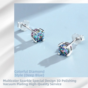Detailed macro view of S925 sterling silver stamp on four-prong dark blue moissanite stud earring