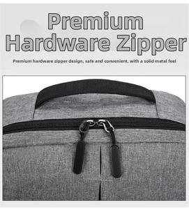 Close-up of durable dual metal zippers and nylon top handle on grey Oxford fabric bag