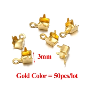 Close-up of 3mm gold stainless steel bead tips for jewelry making, 50-piece set