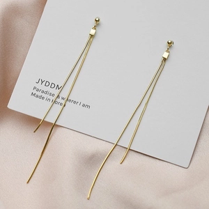 Elegant s925 silver long gold tassel earrings with spherical studs on a white card display
