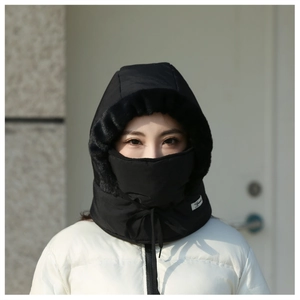 Detail of windproof winter bomber hat with black faux fur lining and adjustable drawstring