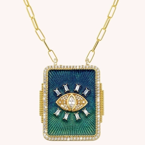 Gold tarot necklace with gradient enamel blue evil eye pendant and white crystals