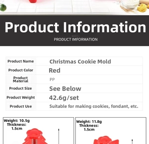 Detailed diagram of red Christmas cookie mold dimensions and food-grade PP material