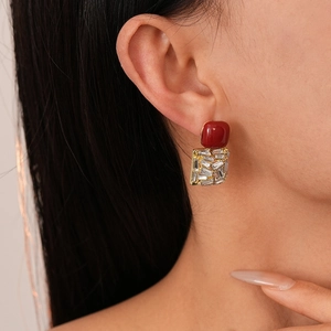 Vintage Ancora Red acrylic square drop earrings with sparkling rhinestones and gold base