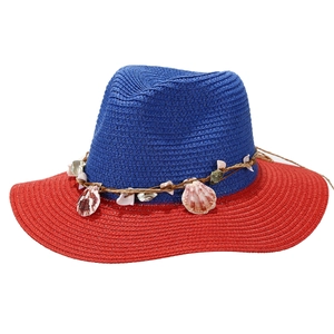 Blue and red straw sun hat with shell detail for beach vacation bohemian panama style