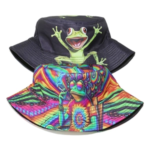 Set of two frog fisherman hats: black cartoon frog and psychedelic tie-dye frog bucket hat