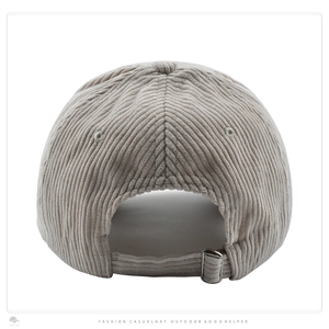 Back view of light grey corduroy baseball cap with adjustable metal buckle closure
