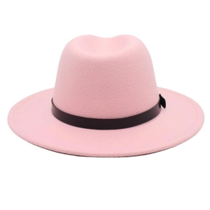 Detailed view of pink wide-brim wool felt fedora with elegant black buckle belt trim