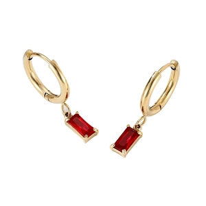 Vintage gold hoop earrings with rectangular red zircon pendants on white background