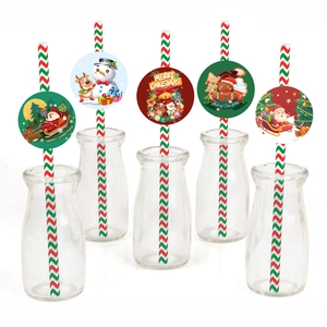 Christmas paper straws with Santa and Snowman cards for holiday party decor