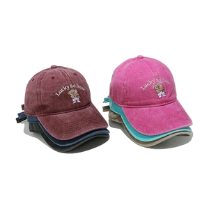 Multi-color vintage washed cotton baseball caps with cute cartoon bear embroidery