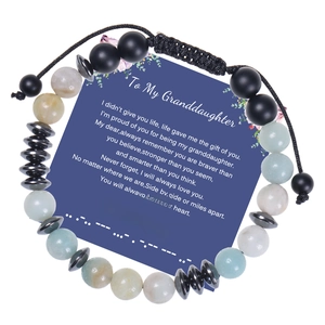 Morse code beaded bracelet for granddaughter with message card and blue stones