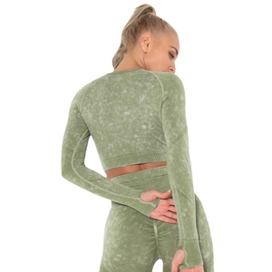 Olive green acid wash yoga set with thumbhole long sleeve top and high waist leggings