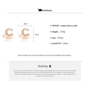 Detailed view of petal tassel earrings with copper zircon and acrylic specifications
