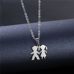 Silver stainless steel necklace featuring a minimalist cartoon boy and girl family pendant