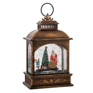 Vintage bronze Christmas lantern with Santa Claus and sparkling snow scene decoration