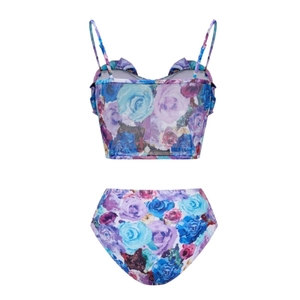 Maillot de bain deux pièces à fleurs taille haute avec roses 3D et volants