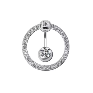 Macro view of silver belly button ring with sparkling crystals and curved barbell