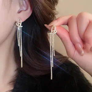 Elegant gold knot heart tassel earrings with sparkling rhinestones for women jewelry