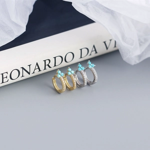 Luxurious S925 sterling silver flower hoop earrings with turquoise and white zircons