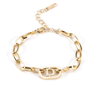 Golden stainless steel chain bracelet with oval D letter pendant and lobster clasp