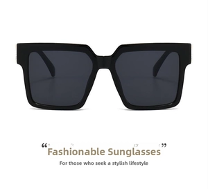 Detail view of bold square black frames with dark grey lenses and thick temples