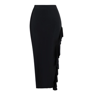Detail view of high-waist black maxi skirt featuring side ruffles and slim fit design